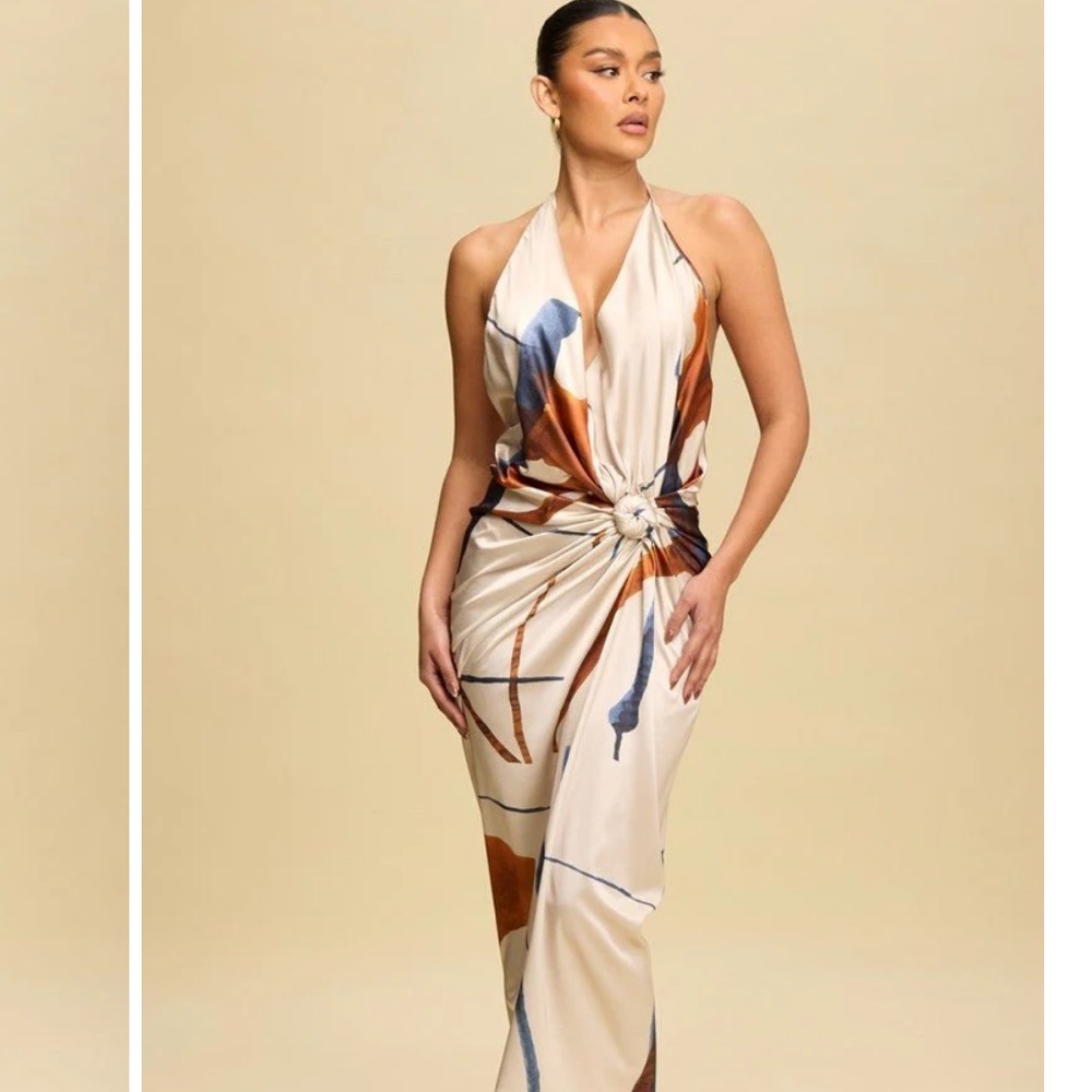 Elegant Halter Neck Dress in White with Blue and Orange Accents - Picture 5 of 5